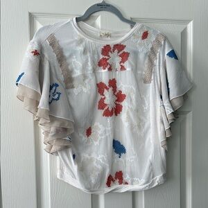 White Floral Embroidered Ruffle Sleeve Blouse